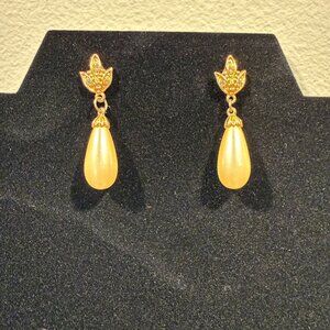 Vintage pearl droplet earrings with faux diamonds
